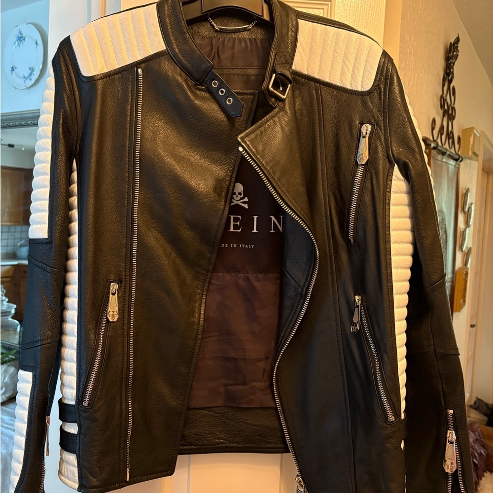 Philipp Plein Black and Cream Biker Jacket